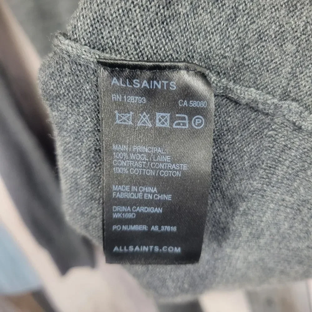 All Saints Drina Grey Wool Asymmetrical Cardigan Cowl Neck Zipper Shoulder Med